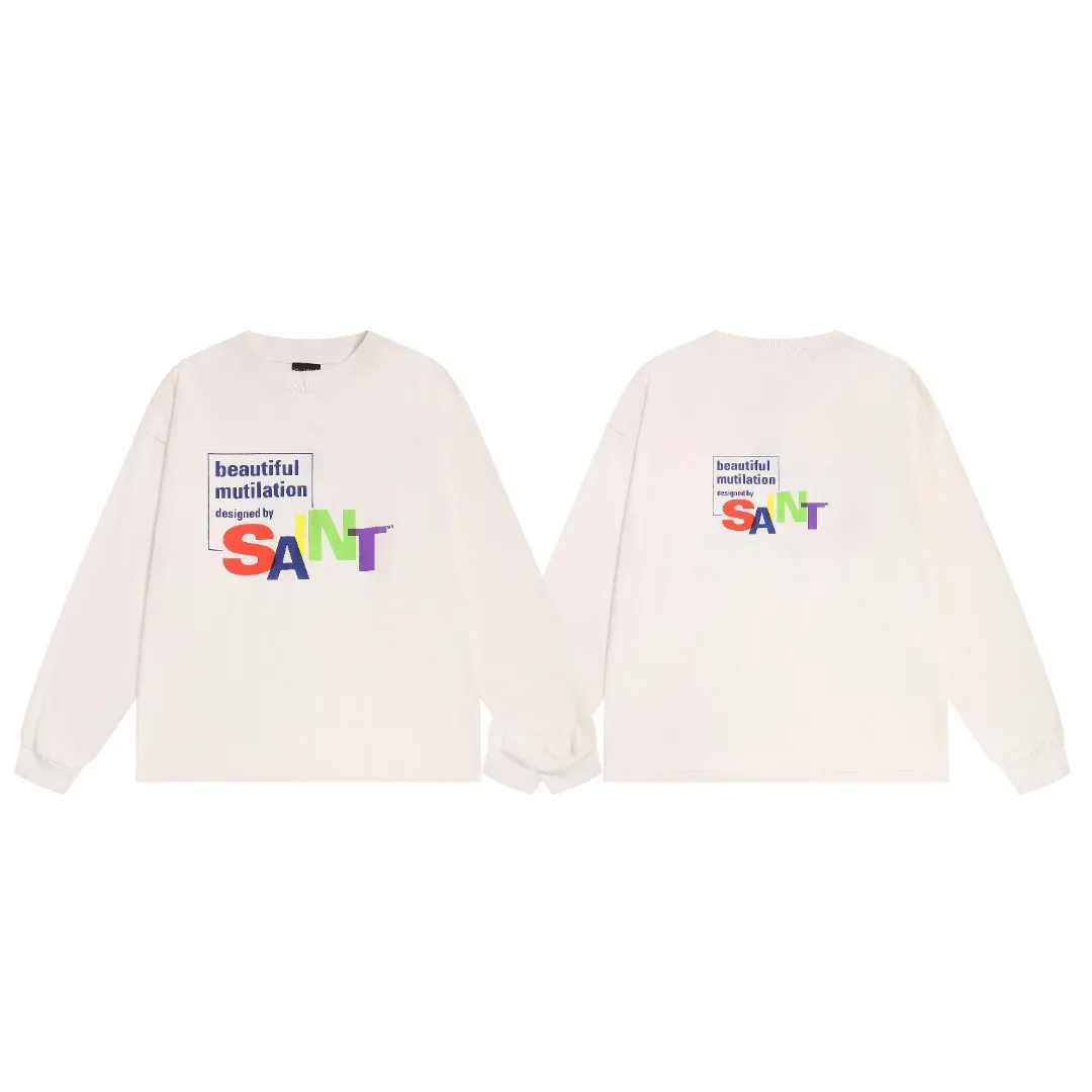 European and American heavyweight Saint Michael colorful letters retro print distressed casual loose long-sleeved bottoming T-shirt Fabric: 260g Style number: SM665 Size: S-M-L-XL Color: White Price: P144